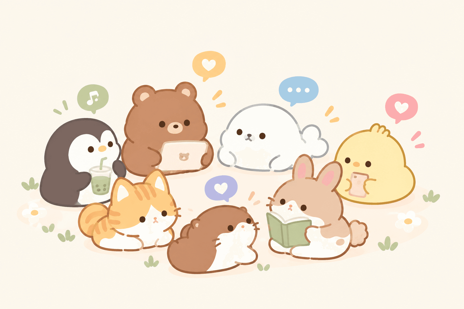 A bunny, bear, and cat making a memory scrapbook together